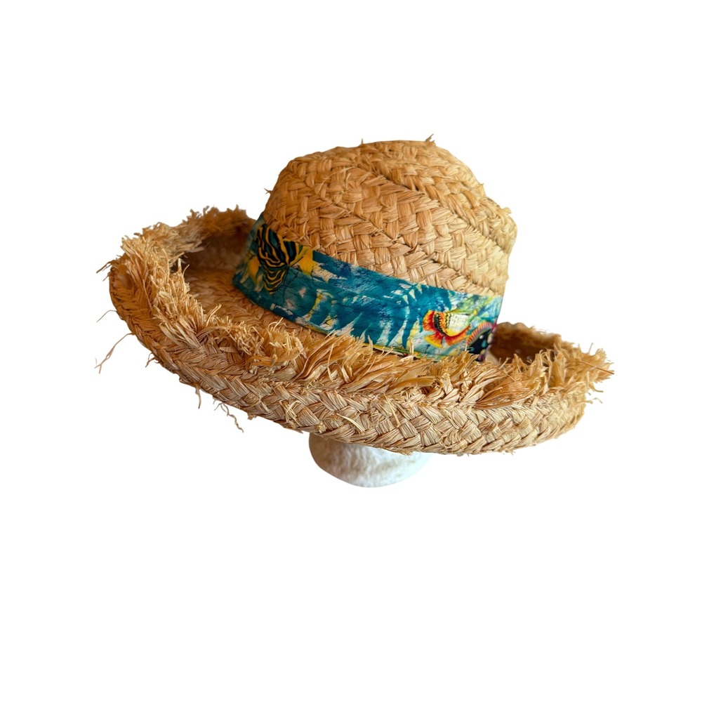 Kathy Jeanne Straw Hat Tan Tropical Fish Print Ribbon Frayed Brim Boater Sun Hat